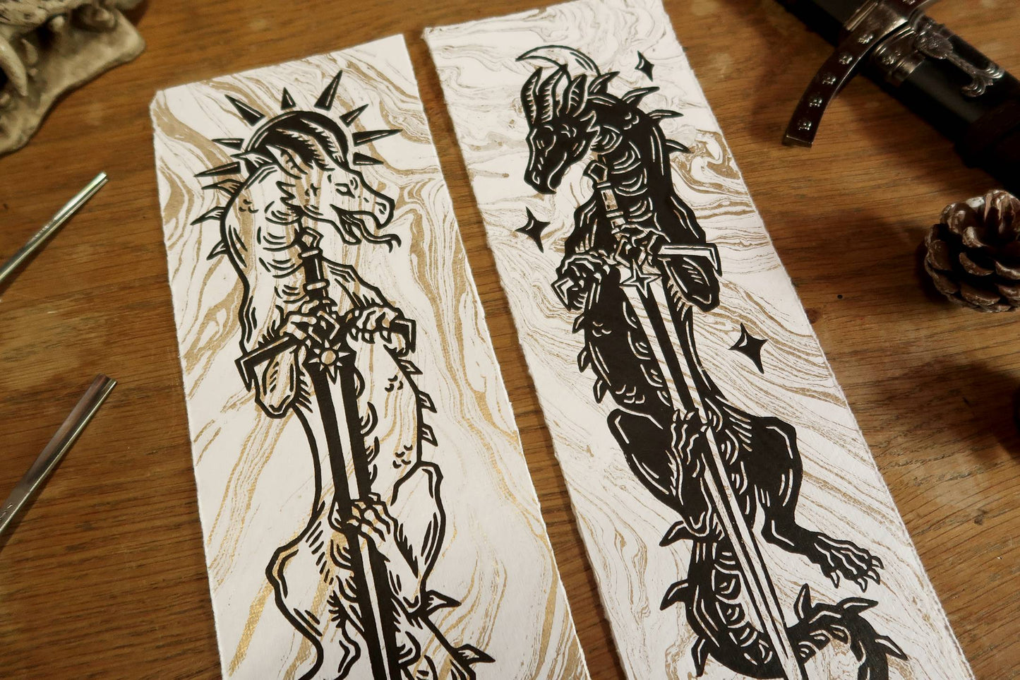 Sun and moon sword Dragons - Linocut print on gold marbled paper