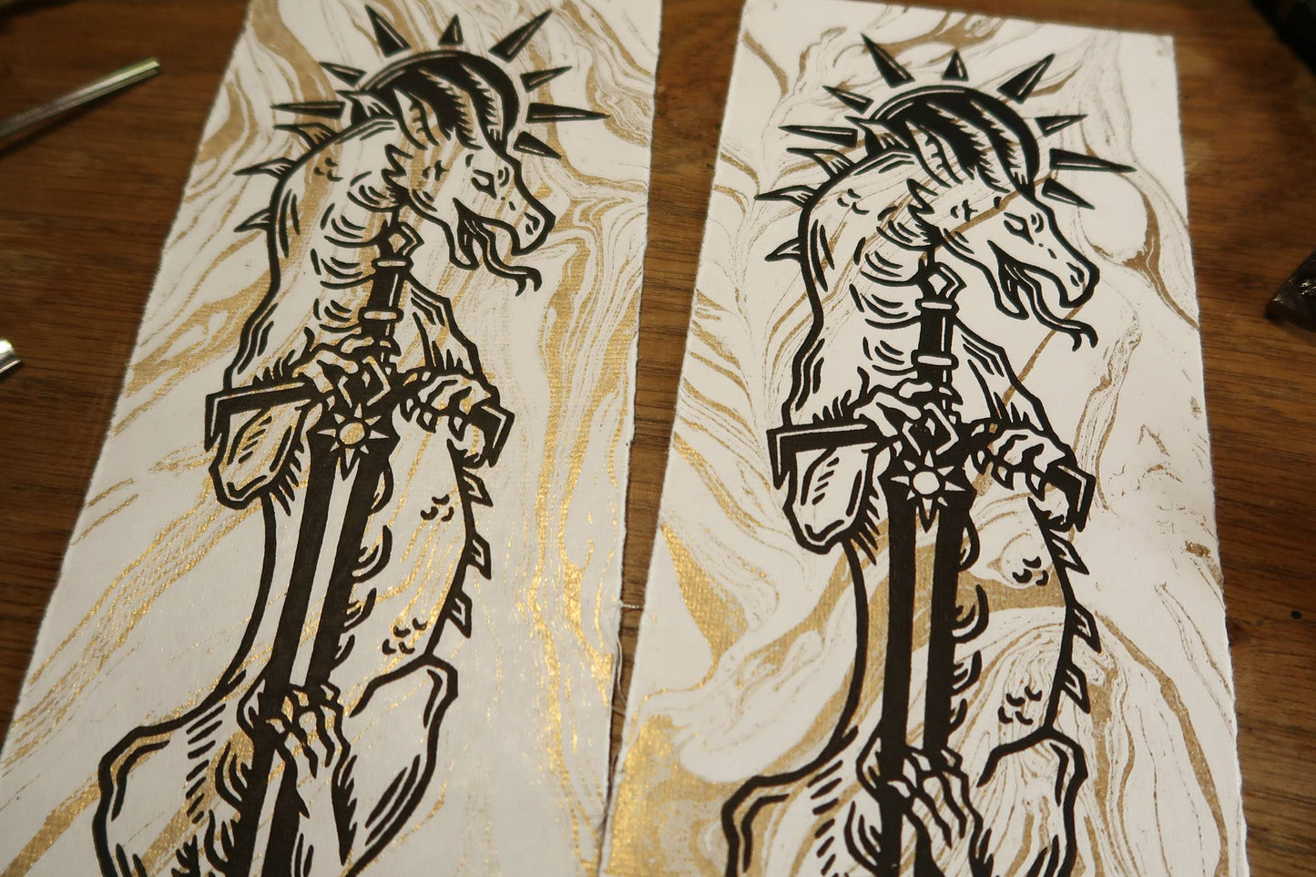 Sun and moon sword Dragons - Linocut print on gold marbled paper