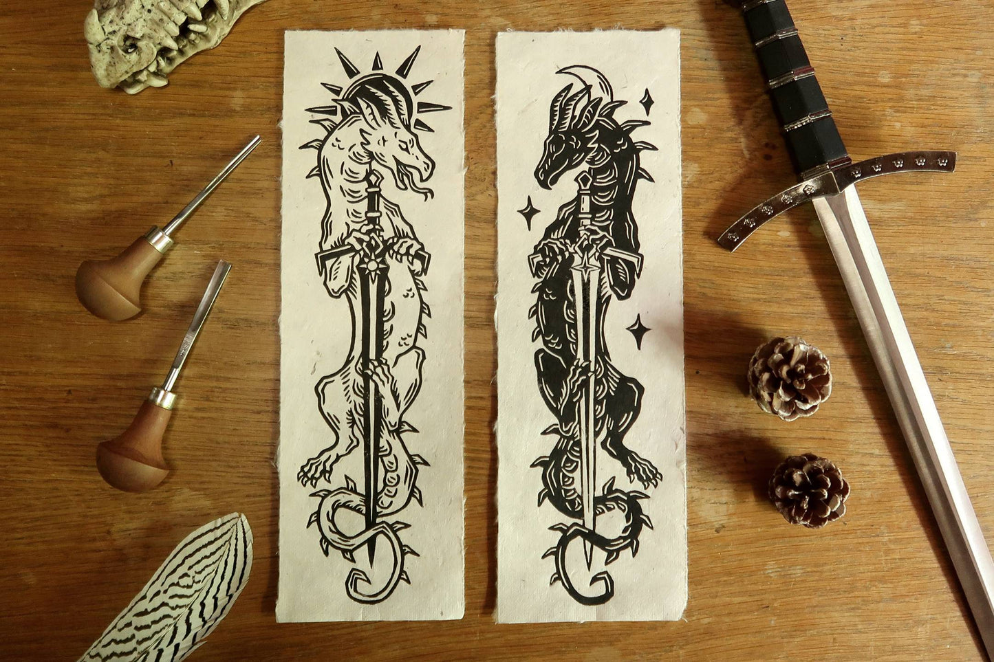 Sun and moon sword Dragons - Linocut print