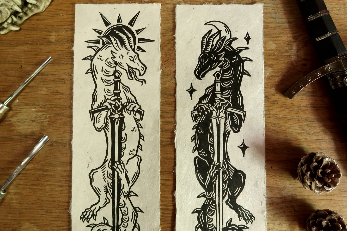 Sun and moon sword Dragons - Linocut print