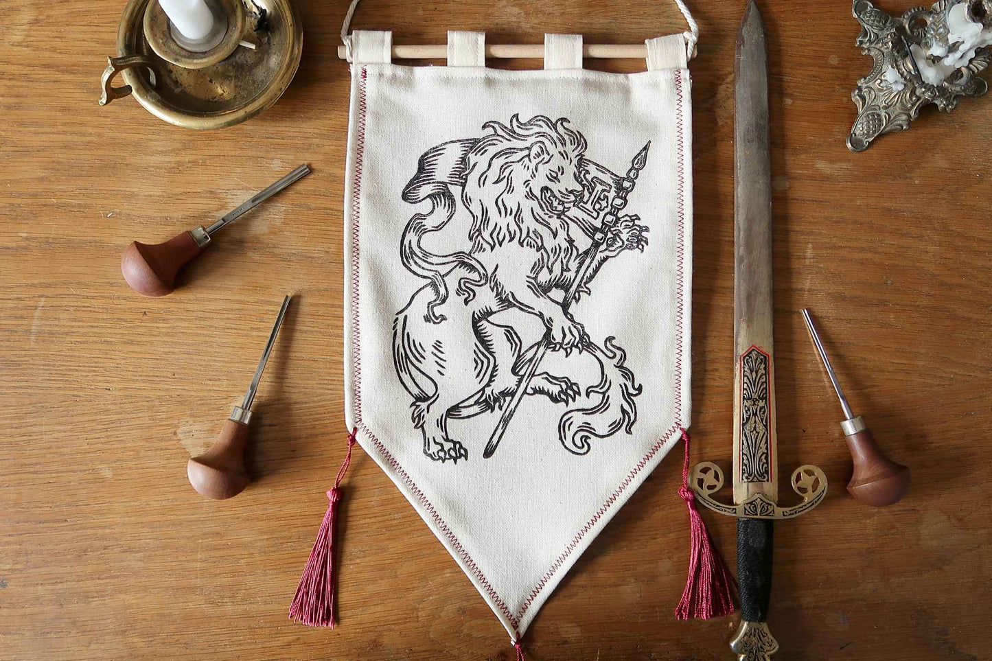 Medieval Lion and Unicorn - Linocut Banner - Limited edition