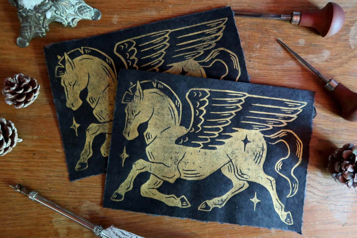 Pegasus - Linocut print on black paper