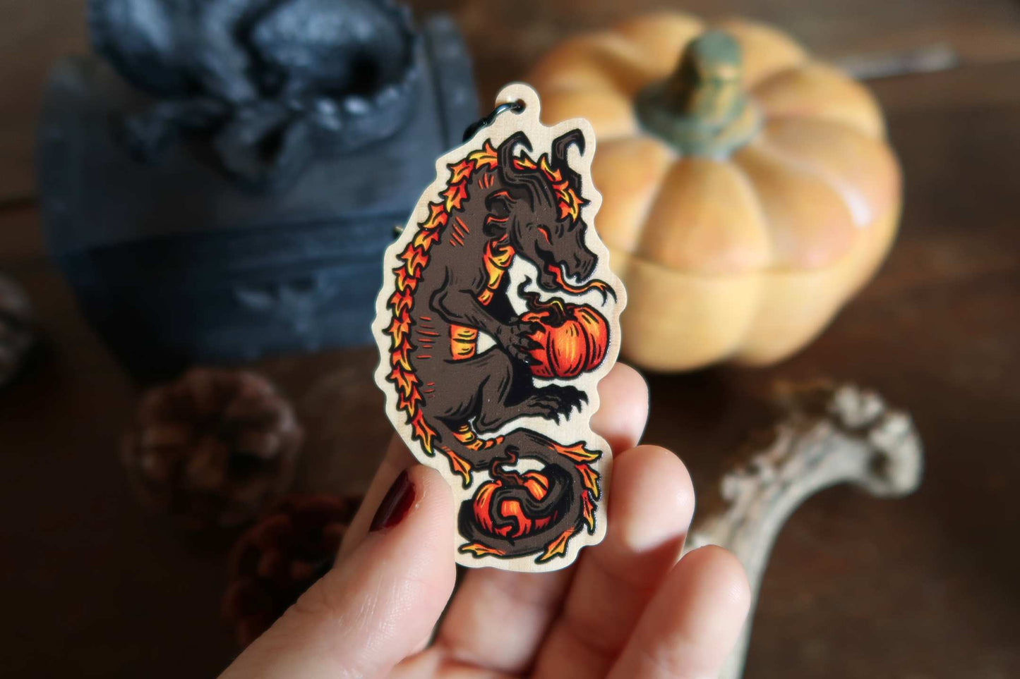 Pumpkin dragon - Wood Keychain