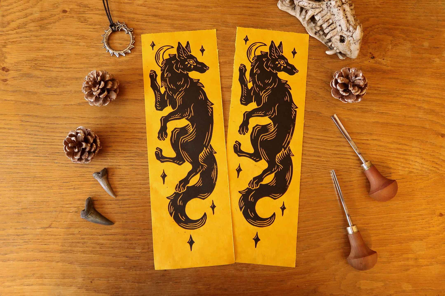 Sköll and Hati - Linocut print on Sun paper