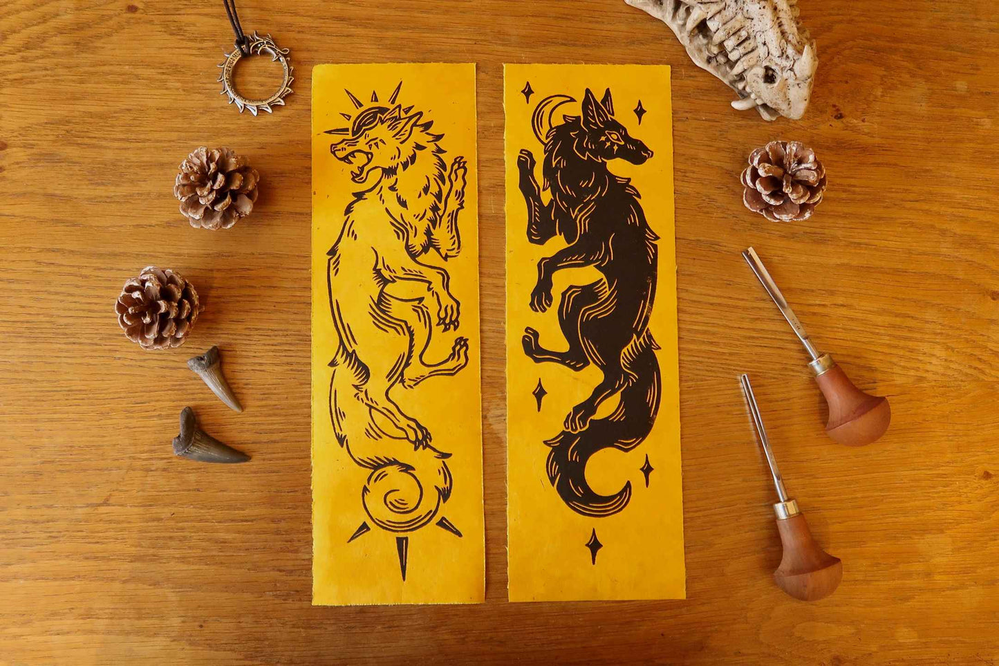 Sköll and Hati - Linocut print on Sun paper
