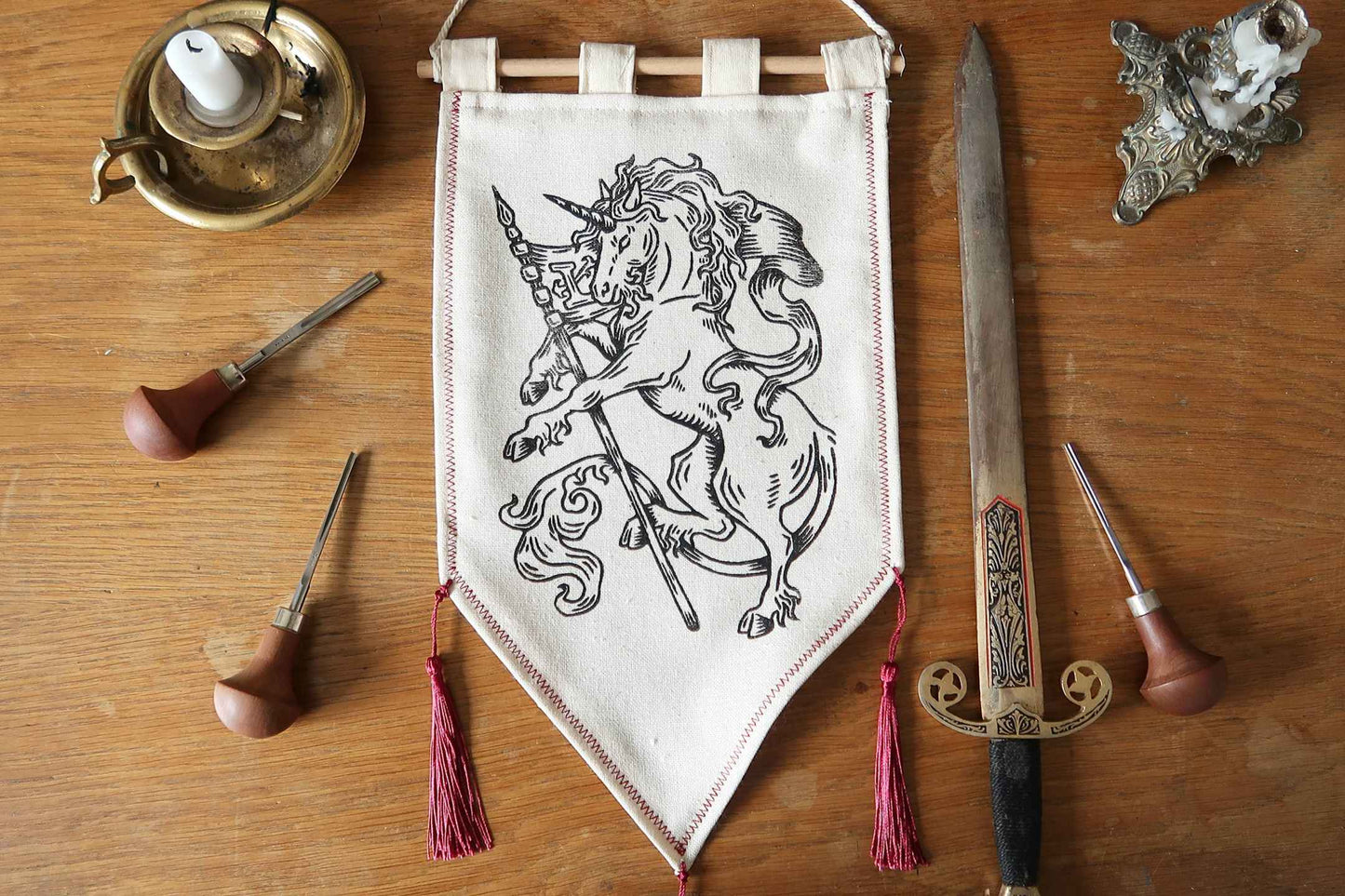 Medieval Lion and Unicorn - Linocut Banner - Limited edition