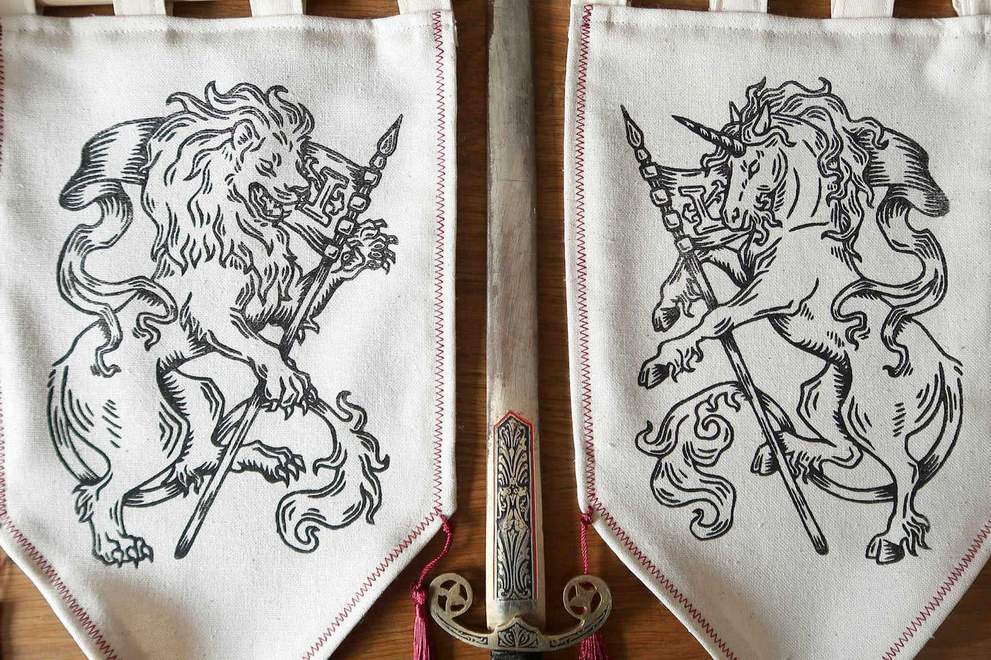 Medieval Lion and Unicorn - Linocut Banner - Limited edition