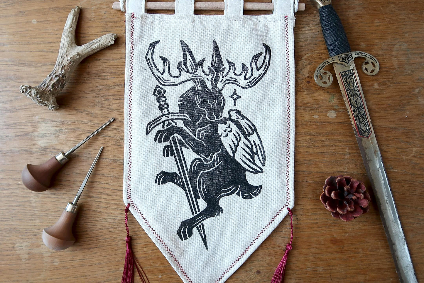 Medieval Jackalope and Wolpertinger - Linocut Banner - Limited edition