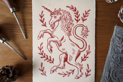Medieval unicorn - Linocut print burnt sienna