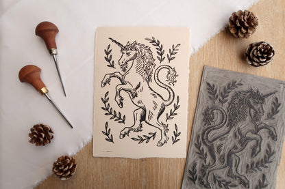 Medieval unicorn - Linocut print