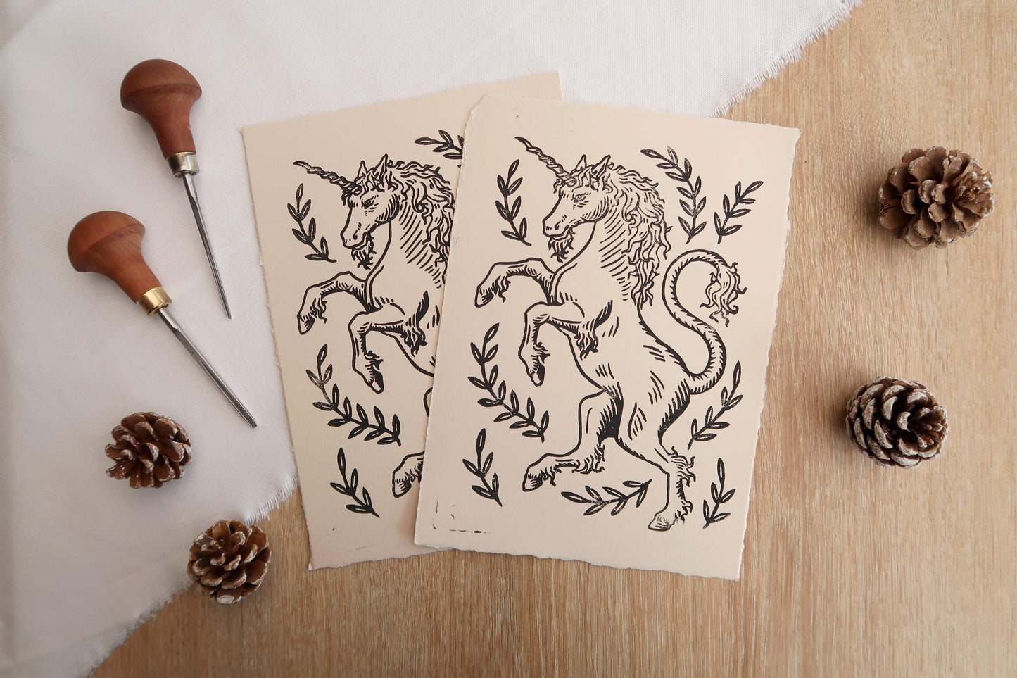 Medieval unicorn - Linocut print