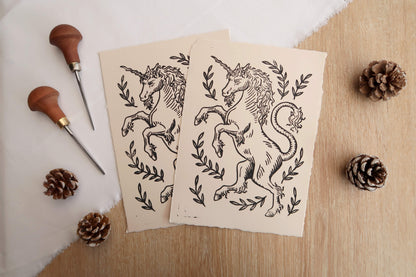 Medieval unicorn - Linocut print