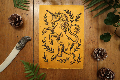 Medieval unicorn -  Linocut print on sun paper