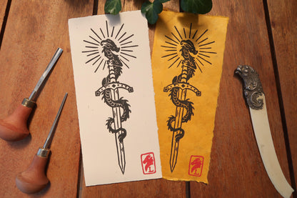 Tiny Sword & Dragon - Linocut print on Ivory or sun paper