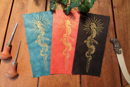 Tiny Sword & Dragon - Gold Linocut print on blue, red or black paper