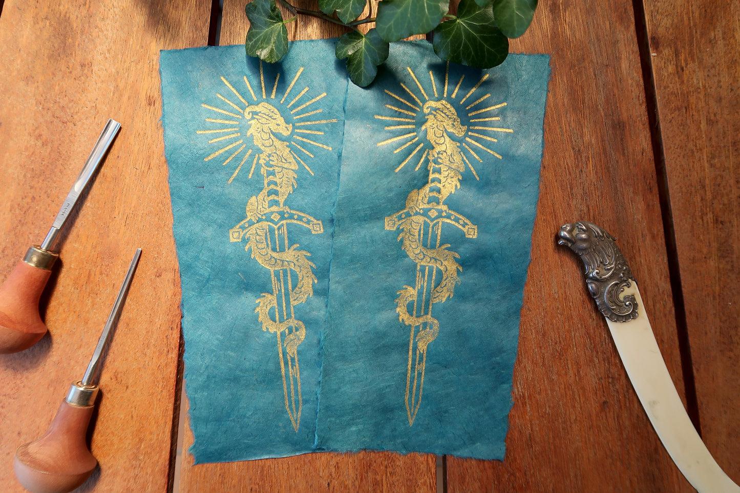 Tiny Sword & Dragon - Gold Linocut print on blue, red or black paper