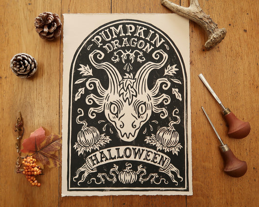 Pumpkin dragon 2- Linocut print