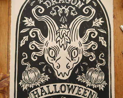 Pumpkin dragon 2- Linocut print