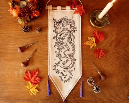 Pumpkin dragon time - Linocut Banner - Limited edition