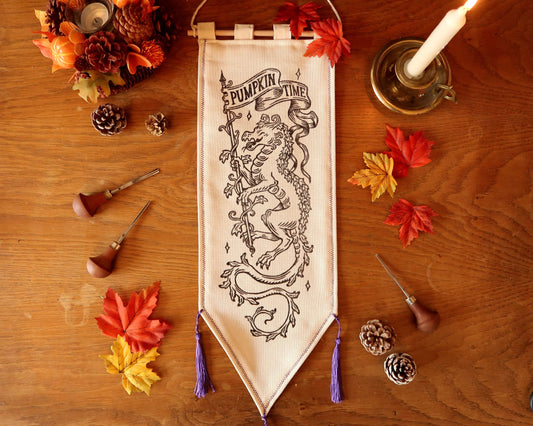 Pumpkin dragon time - Linocut Banner - Limited edition