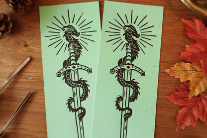 Tiny Sword & Dragon - Linocut print - Mint colored paper