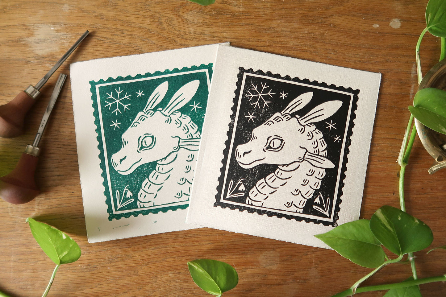 Snowdrop dragon - Linocut print