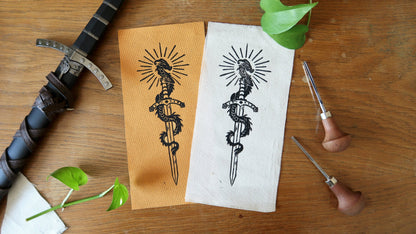 Tiny Sword & Dragon - Linocut patch Ivory or yellow ochre