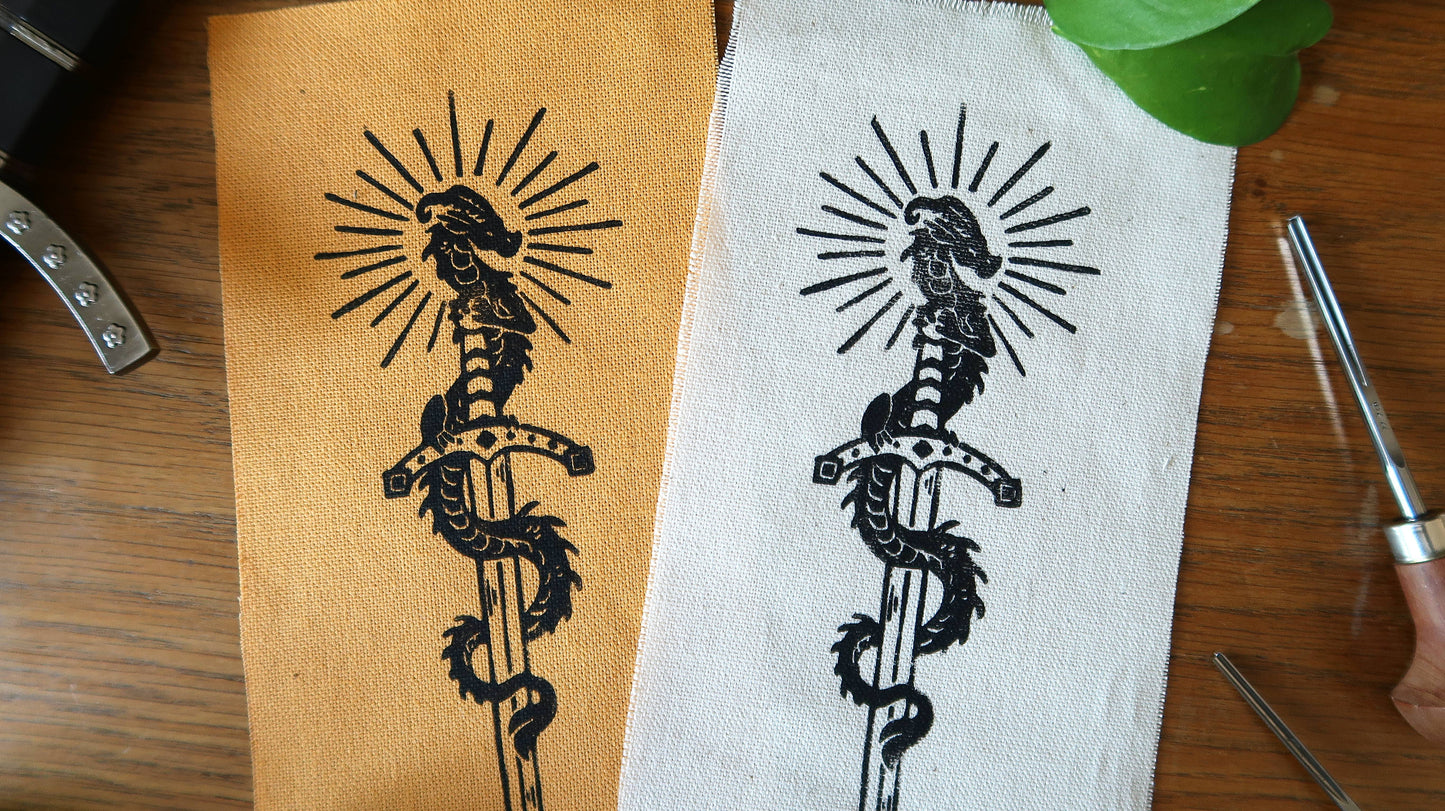 Tiny Sword & Dragon - Linocut patch Ivory or yellow ochre