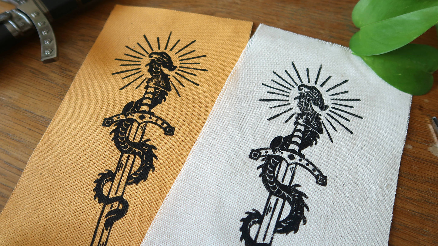 Tiny Sword & Dragon - Linocut patch Ivory or yellow ochre