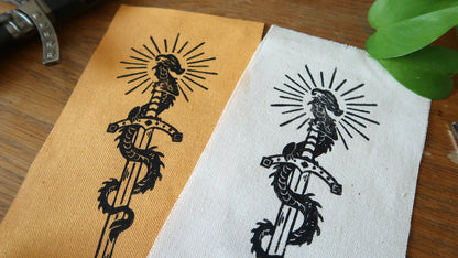 Tiny Sword & Dragon - Linocut patch Ivory or yellow ochre