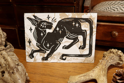 Star cat -  Linocut print on white and gold marble paper