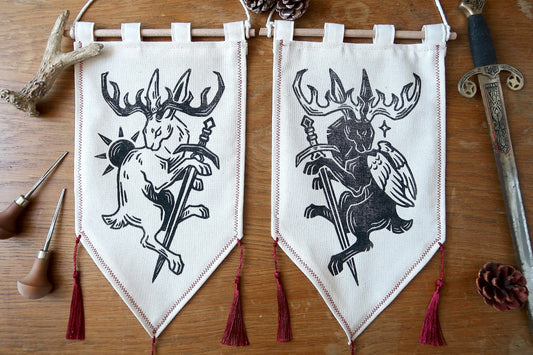 Medieval Jackalope and Wolpertinger - Linocut Banner - Limited edition