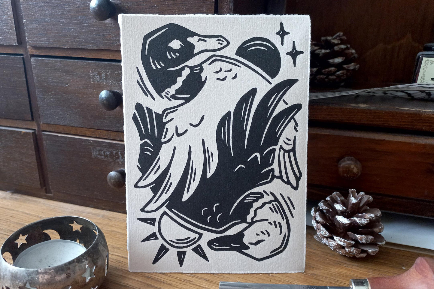 Sun/Moon ducks - Linocut print