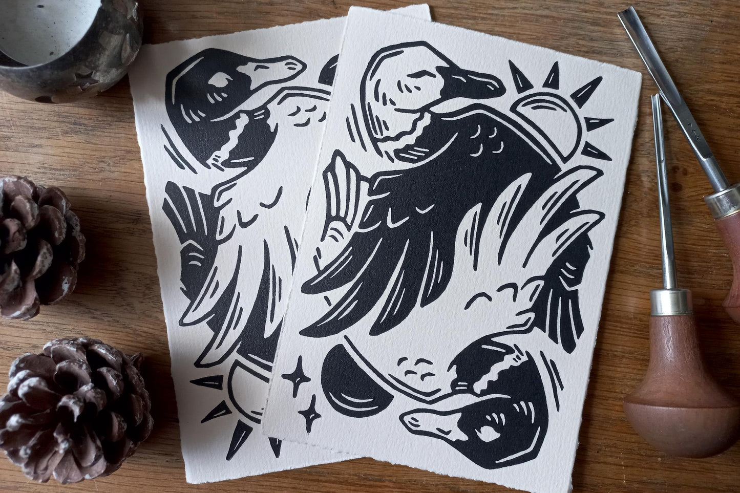 Sun/Moon ducks - Linocut print