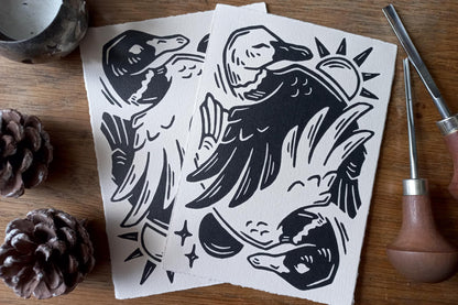 Sun/Moon ducks - Linocut print