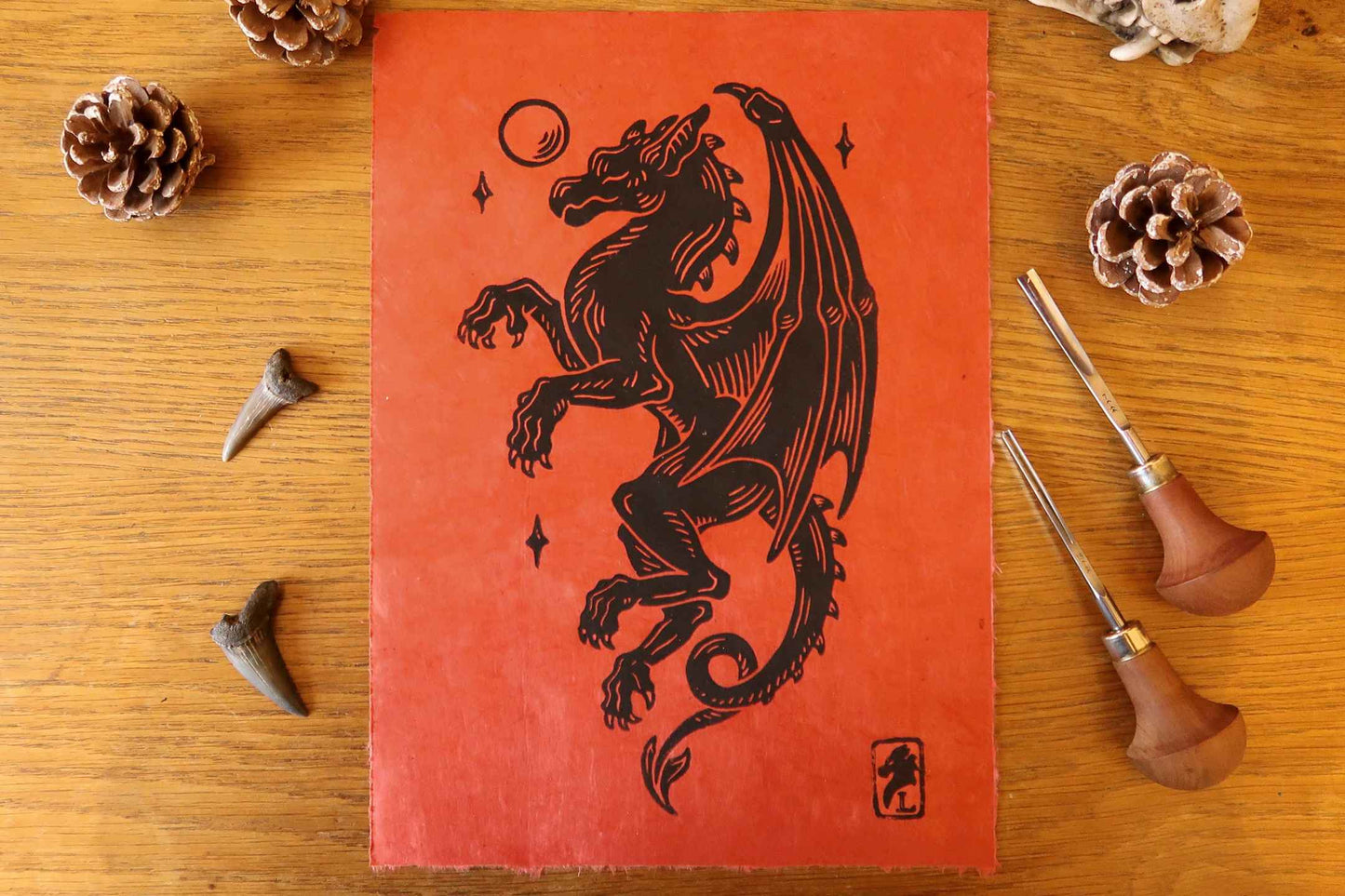 Medieval Gargoyles - Linocut print  on Rubis paper