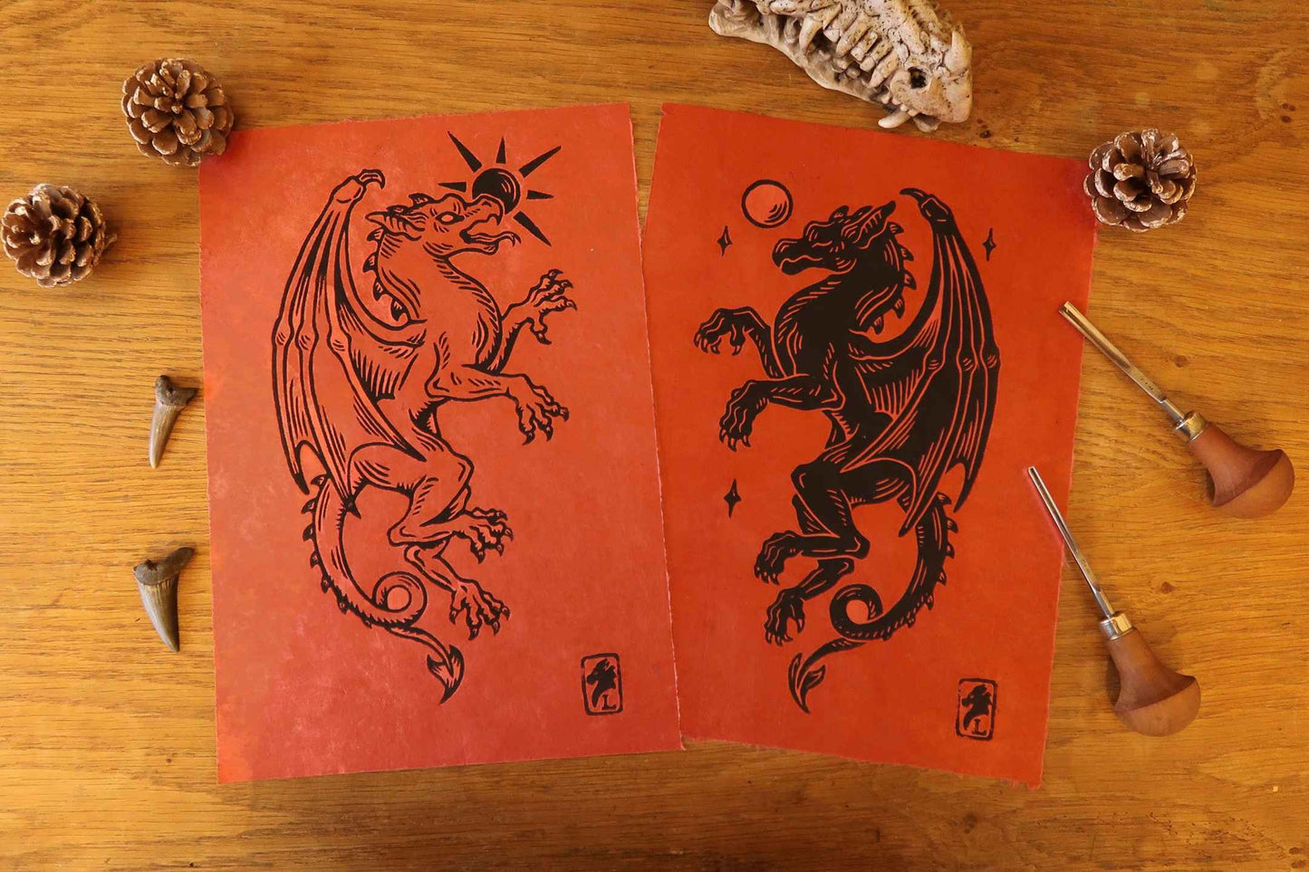 Medieval Gargoyles - Linocut print  on Rubis paper