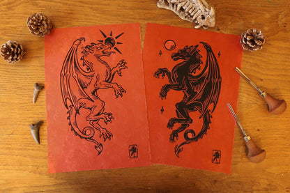 Medieval Gargoyles - Linocut print  on Rubis paper