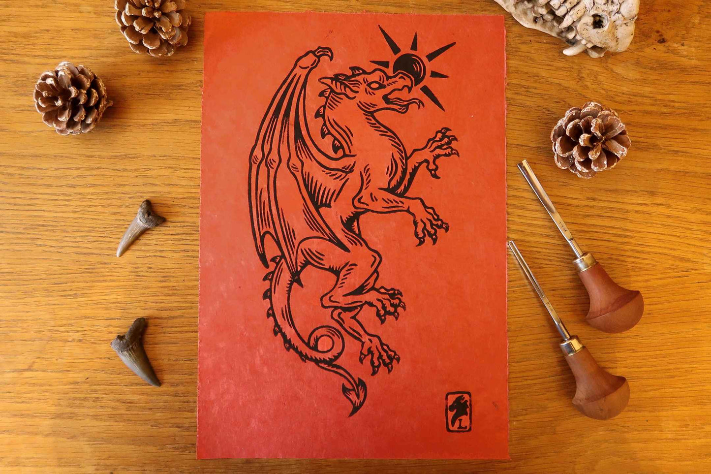 Medieval Gargoyles - Linocut print  on Rubis paper