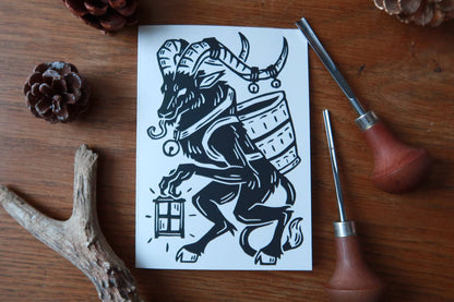 A6 with envelopes - Original Krampus - Linocut print