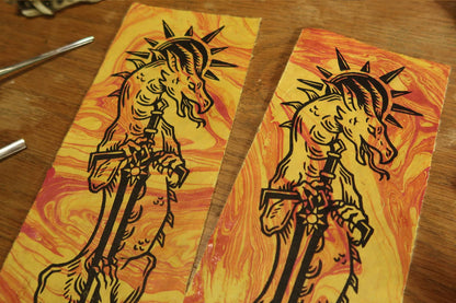 Sun and moon sword Dragons - Linocut print on marbled paper