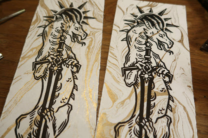 Sun and moon sword Dragons - Linocut print on gold marbled paper