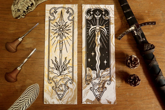 Medieval sword and spear  - Linocut print on gold marbled paper