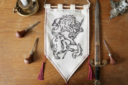 Medieval Lion and Unicorn - Linocut Banner - Limited edition