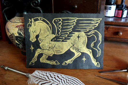 Pegasus -  Linocut print on black paper