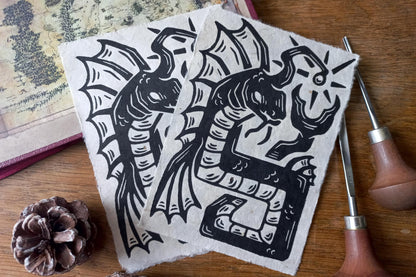 Sea Serpent - Linocut print