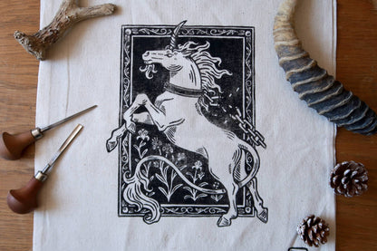 Unchained Unicorn - linocut printed tote bag