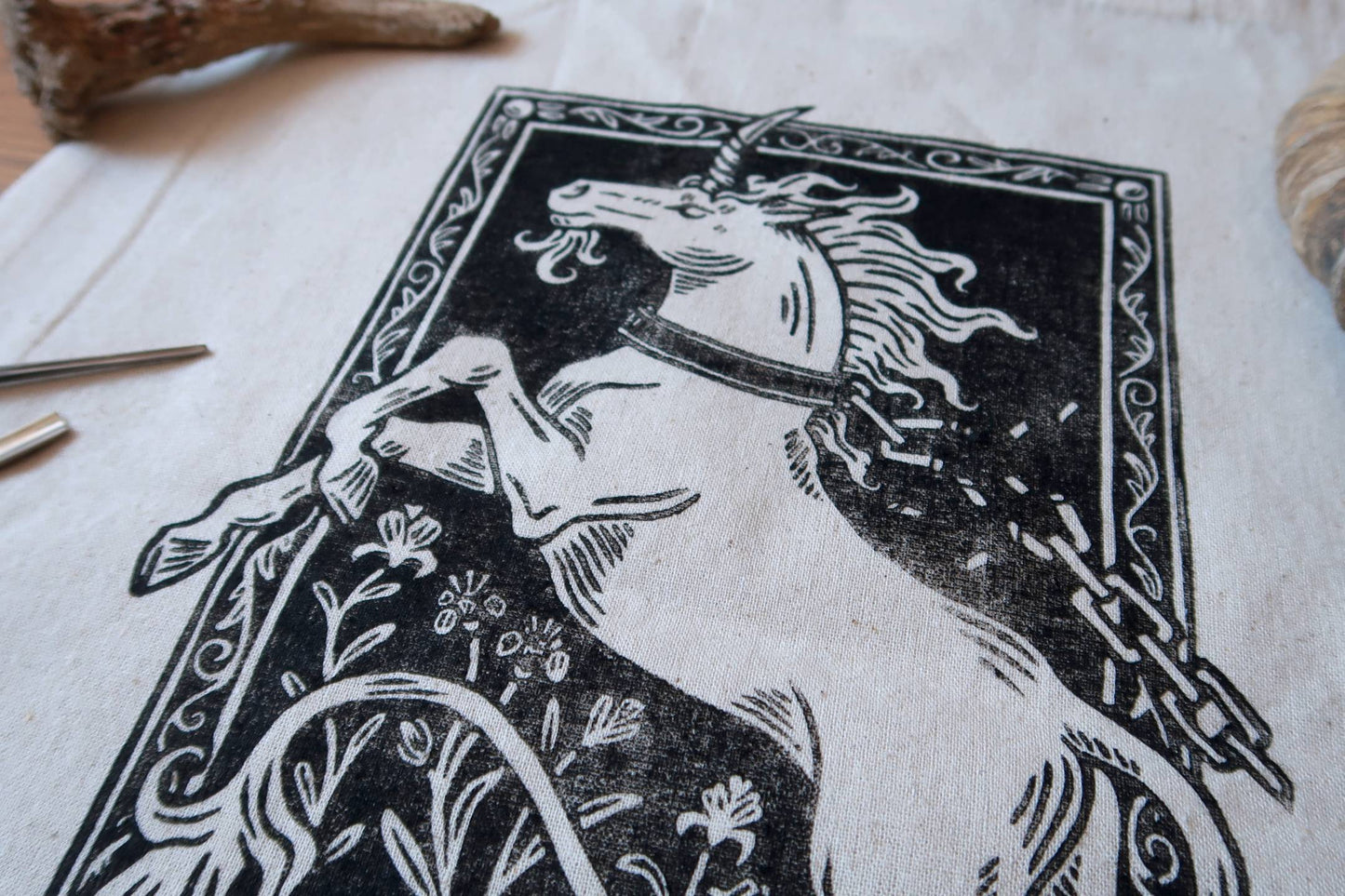 Unchained Unicorn - linocut printed tote bag