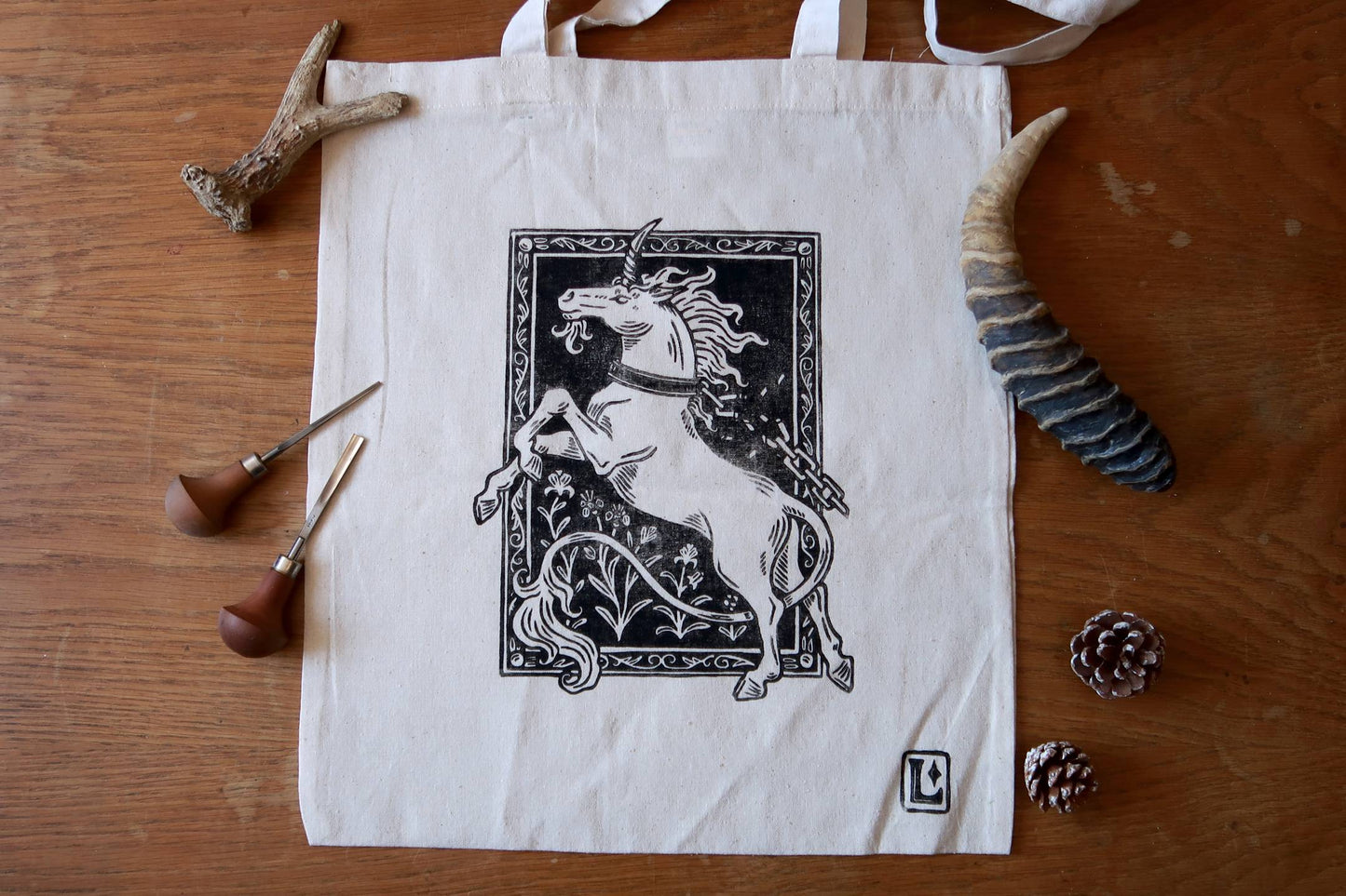 Unchained Unicorn - linocut printed tote bag