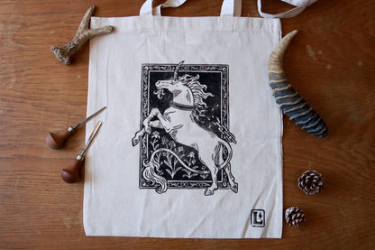 Unchained Unicorn - linocut printed tote bag